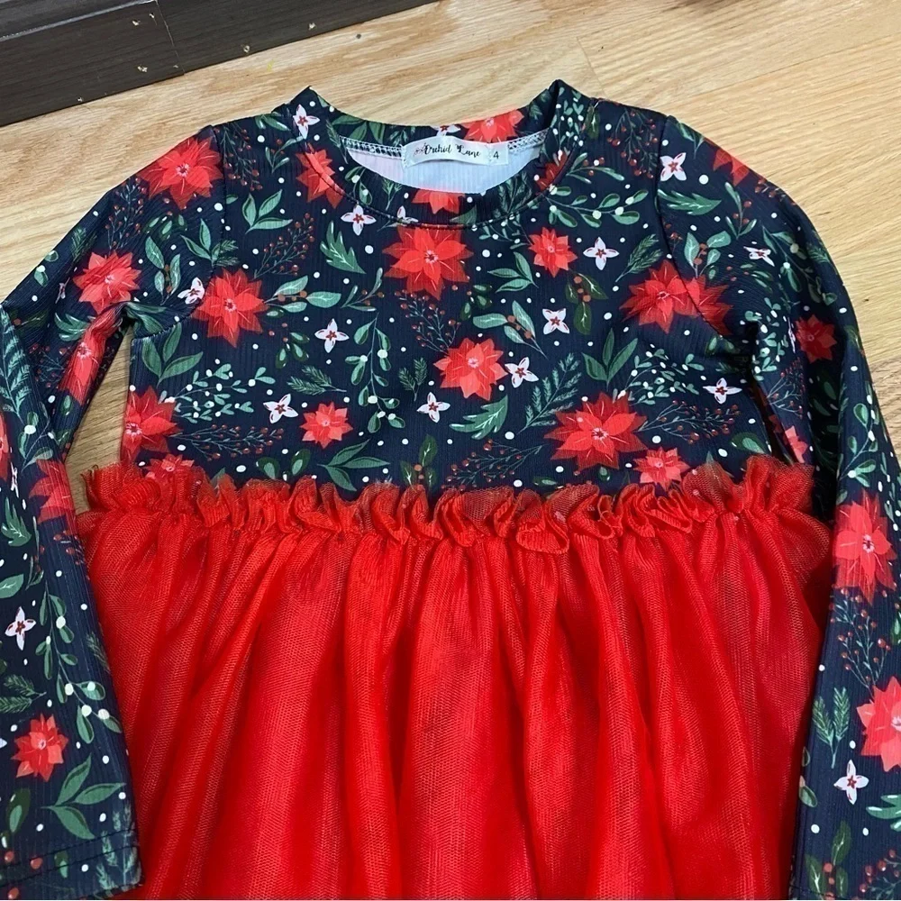 Winter Tulle Dress Sz 4 Girls Christmas Red Green Poinsettia Long Sleeve Kids